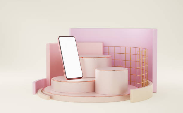 istock Old rose mobile on phone cylinder podium with copper border, gold grid, pink square wall on background. Pedestal luxury mockup space for display of app. smartphone with blank white screen. 3d render. 1729424249