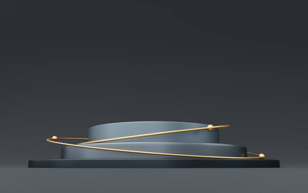 istock Empty gray cylinder podium and gold circle and ball on black background. Abstract minimal studio 3d geometric shape object. Pedestal mockup space for display of product design. 3d rendering. 1729424270