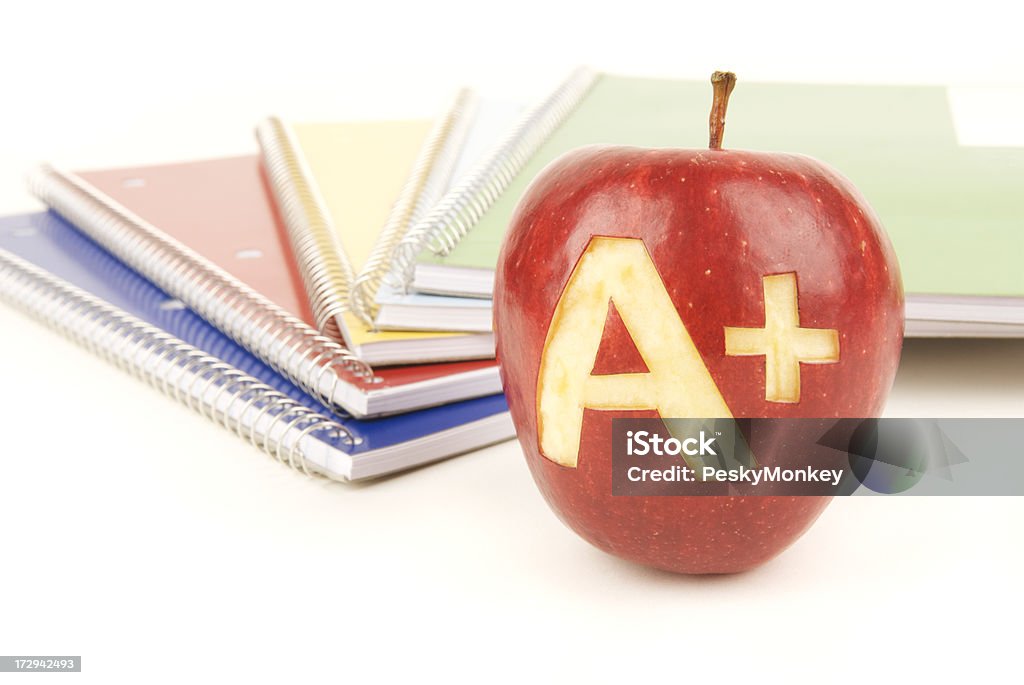 Gli insegnanti Pet Apple una spirale più con scuola fornisce notebook - Foto stock royalty-free di Articolo di cancelleria