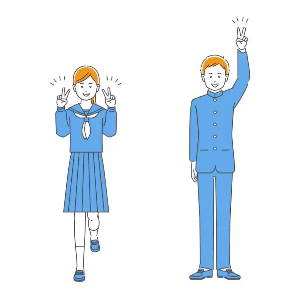 Vector illustration of Student in uniform with V-sign, male and female, 3 colors
