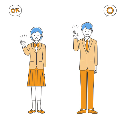 Students in uniform with OK hand sign, male and female, 3 colors