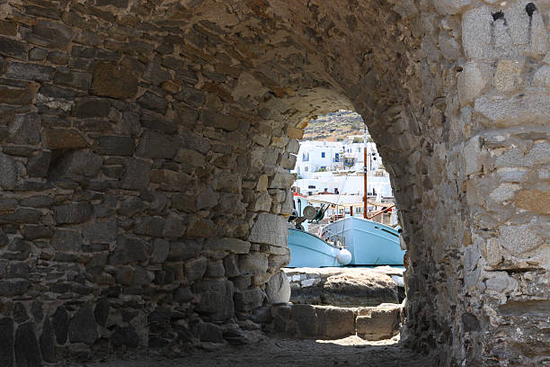 View of Fishing Village Through Fortress Wall stock photo