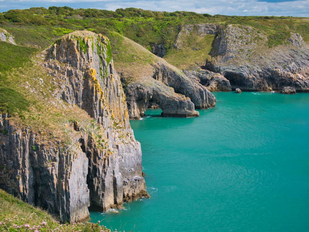 Coastal cliffs near Giltar Point in Pembrokeshire, Wales, UK - the vertically inclined rock strata of the limestone bedrock is of the Pembroke Limestone Group. Taken on a sunny day with a calm, sea. acantilados costeros cerca de giltar point en pembrokeshire, gales, reino unido: los estratos rocosos inclinados verticalmente del lecho rocoso de piedra caliza pertenecen al grupo de piedra caliza de pembroke. tomada en un día soleado con un mar en calma