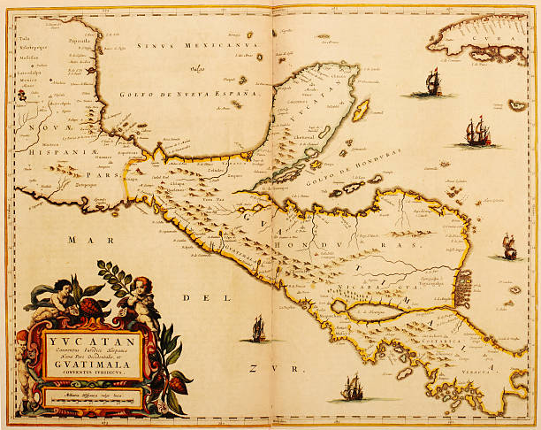Early map of Central America 1635 Antique map of Central AMerica covering nowadays Guatemala, Belize, Honduras and Costa RicJapa. Published by the Dutch cartographer Willem Blaeu in Atlas Novus (Amsterdam 1635). Photo by N. Staykov (2007) valladolid mexico photos stock illustrations