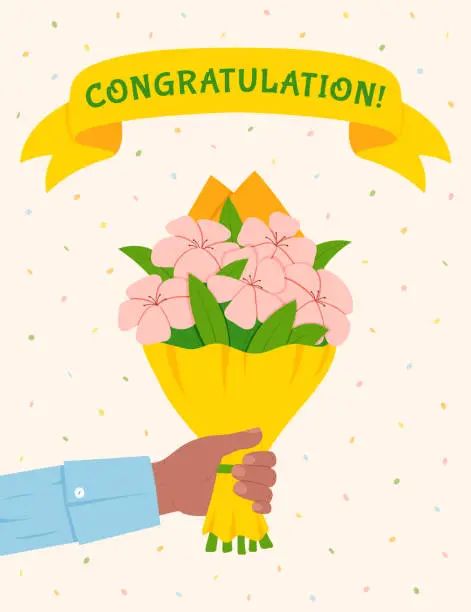 Vector illustration of Flower bouquet banner. Hand hold flowers. Rose bunch for gift, beautiful floral romantic card. Congratulation banner. Botanical elements. Spring poster. Vector isolated utter illustration