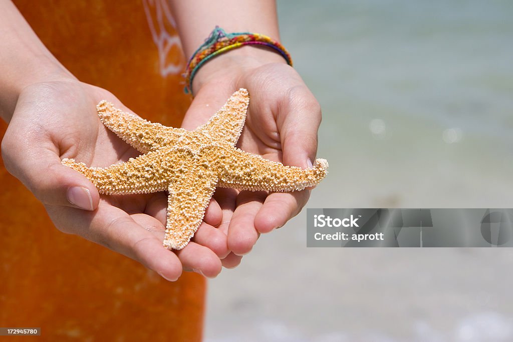 Ragazza Mostra Stella di mare sulla spiaggia - Foto stock royalty-free di A forma di stella