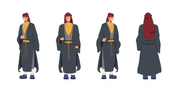 Vector illustration of Ancient Chinese men isolated concept. Male character front, back and side view.