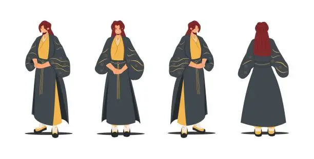 Vector illustration of Ancient Chinese or Japanese  women wearing from different angle costume isolated concept.