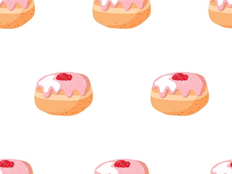 Seamless pattern with pink-glazed and red jam doughnut. Cartoon flat vector illustration with Traditional Chanukah donuts. Pastry donut background for wallpaper, wrapping, textile, scrapbooking