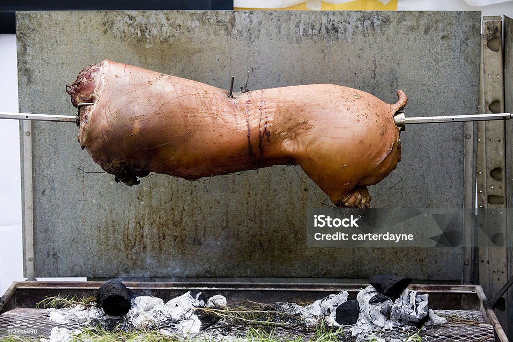 Cerdo asado al pincho delante de una pared de cemento - Foto de stock de 2000-2009 libre de derechos