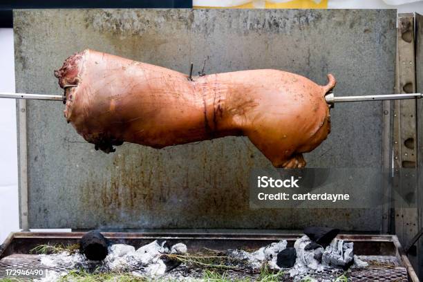 Cerdo Asado Al Pincho Delante De Una Pared De Cemento Foto de stock y más banco de imágenes de 2000-2009