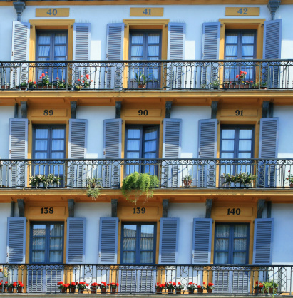 Balconies in San Sebastian. The numbers mean that each balcony could be hired to watch the bullfighting and other events.