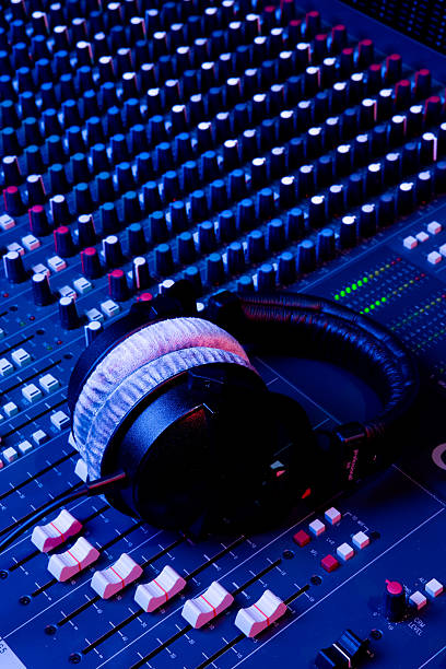 headphone on audio mixer in home studio