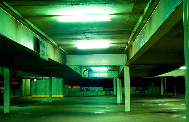 istock Grungy Green Parking Garage with Glowing Fluorescent Lights 172946924