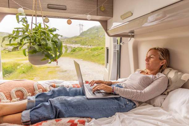 istock Woman travelling by van uses laptop 1729485887