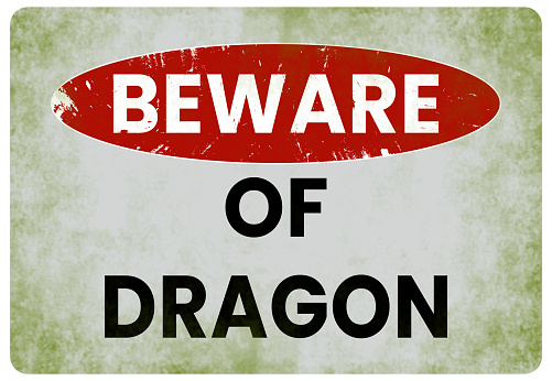 Beware Of Dragon. Beware Of Dragon Sign, Sticker, Posters. Retro Funny Decorative Sign For  Wall Decor, Bar, Man Cave, Pub, Garage, Farmhouse. Attractive Stained Background With Distressed Paint Effect.