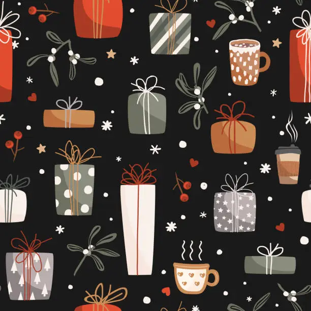 Vector illustration of Seamless vector pattern with Christmas gift boxes, mugs, and mistletoe branches. Creative Hand Drawn texture for winter holidays, wrapping paper, wallpaper, cards