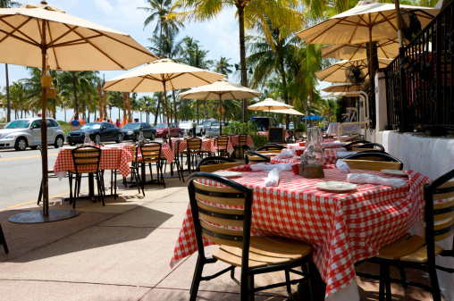 A shot of outdoor dining area in famous Art Deco area of Miami USA