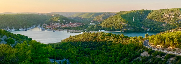 View Skradin, a beautiful harbour in the adriatic ocean where river KRKA has famous whitewater falls