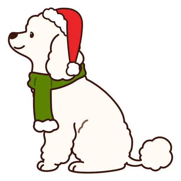 Vector illustration of Simple and adorable Christmas Poodle dog illustration sitting in side view
