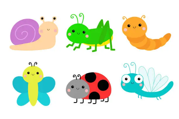 Vector illustration of Grasshopper, dragonfly, snail, ladybug ladybird, butterfly, lady bug, caterpillar, catapillar. Insect set. Cute cartoon funny kawaii baby animal character. Flat design. White background. Isolated.