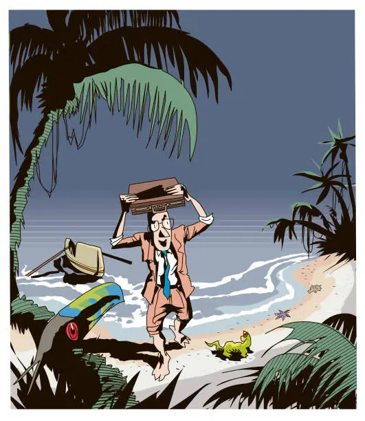 Vector illustration of businessman reaching deserted tropical island