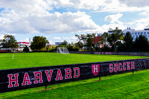 Boston, Massachusetts, USA   - October 9, 2023: An empty soccer field on Harvard University's Boston (Allston) campus.