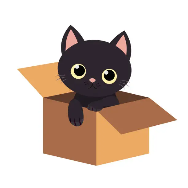 Vector illustration of Cute black cat inside opened cardboard package box. Adopt me. Pet adoption. Kitten with big yellow eyes. Flat design style. Help homeless animal concept. Paw print. White background. Isolated.