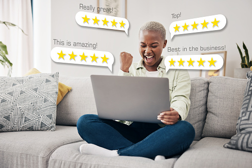 Laptop, excited and business owner reading review, email or feedback for financial bonus or 5 star rating. Overlay, success or happy woman in celebration of computer results or online sales at home