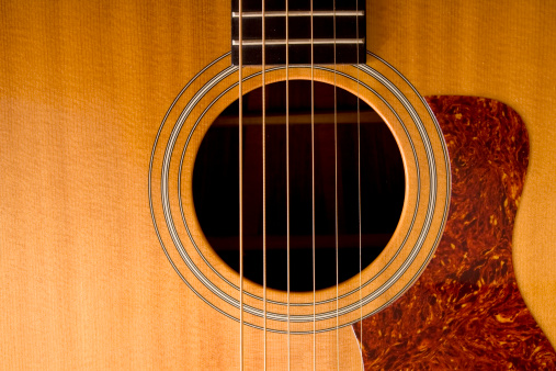 Acoustic  guitar with glowing neon border  on a black background