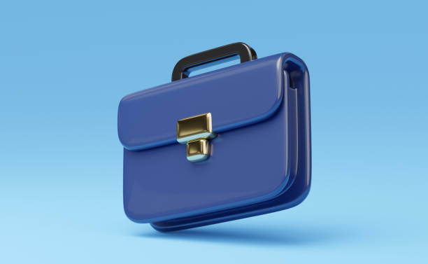 3D Black briefcase with golden lock floating isolated on blue background. Office work, Job hiring, Work search, recruiting concept. Cartoon minimal icon smooth illustration. 3d render. Clipping path. maletín negro 3d con cerradura dorada flotando aislada sobre fondo azul. trabajo de oficina, contratación de empleo, búsqueda de trabajo, concepto de reclutamiento. ilustración suave del icono mínimo de la historieta. renderizado 3d. trazado de recort