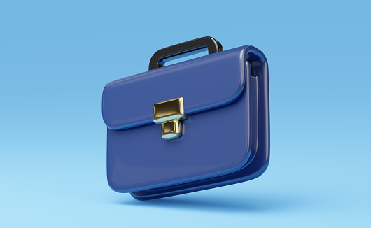 3D Black briefcase with golden lock floating isolated on blue background. Office work, Job hiring, Work search, recruiting concept. Cartoon minimal icon smooth illustration. 3d render. Clipping path.