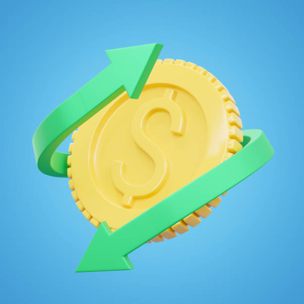 3D Cashback and refund icon. Arrow with gold coin floating isolated on blue. Transfer currency exchange round arrow. Return of Investment. Saving money and business concept. 3d rendering Illustration. icono de reembolso y devolución en 3d. flecha con moneda de oro flotando aislada sobre azul. flecha redonda de cambio de moneda de transferencia. retorno de la inversión. ahorro de dinero y concepto de negocio. ilustración de renderizado 3d.