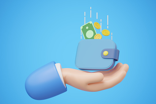 3D Money in wallet floating in hand isolated on blue. Business man holding purse, coin, banknote. Mobile banking, online service, cashback, refund concept. Saving money wealth. Cartoon 3d render icon.