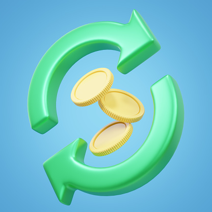 3D Transfer currency exchange round arrow icon. Arrow with gold coin floating isolated on blue. Cashback and refund. Return of Investment. Saving money and business concept. 3d rendering Illustration.