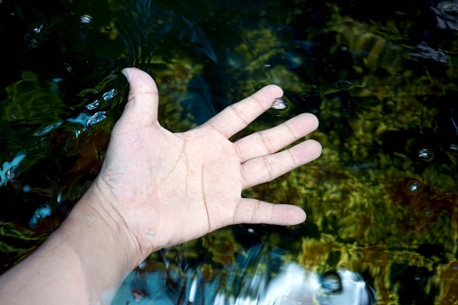 Close up a human hand in the water, close up of hand and water background.