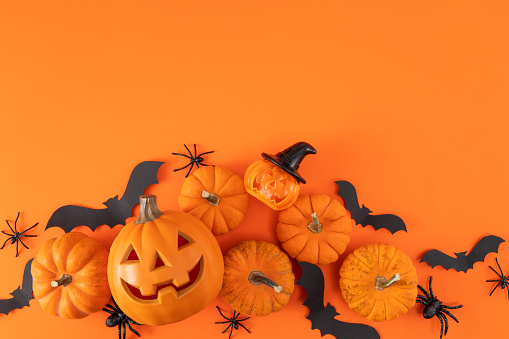 Halloween decorations, pumpkins, bats on orange background with copy space