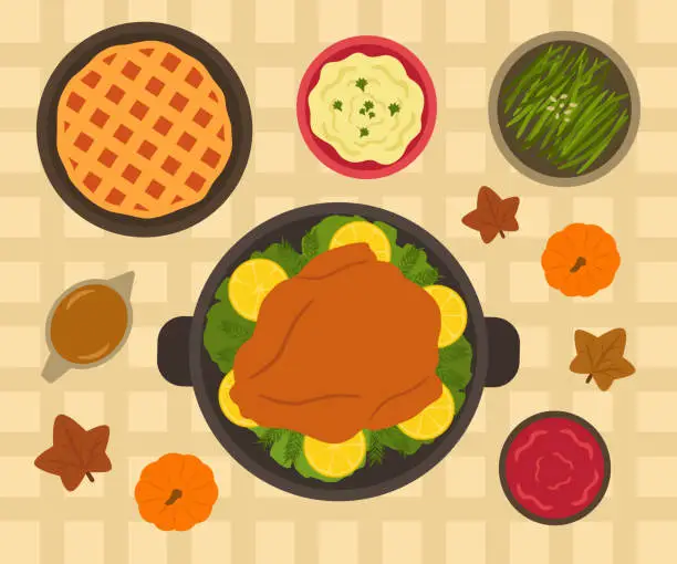 Vector illustration of Thanksgiving Dinner With Stuffed Turkey, Mashed Potatoes, Pumpkin Pie And Cranberry Sauce