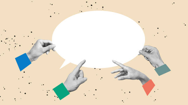 istock Collage with human hands holding speech bubble symbolizing communication and business cooperation. Dialog importance 1729517035