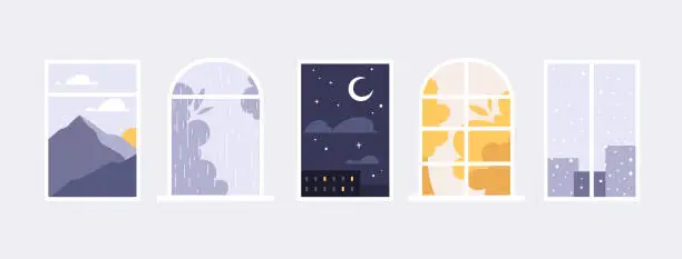 Vector illustration of Set of windows at different times of the year. Day and night, nature and city, sun, rain and snow