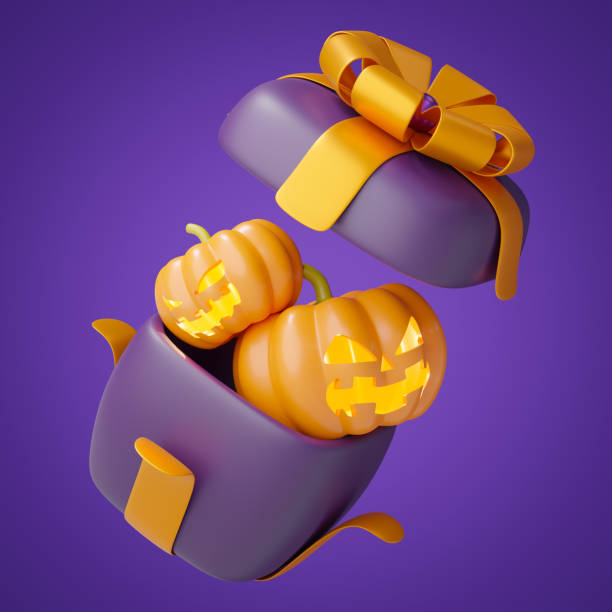 istock 3D elements for Halloween. Orange pumpkin with gift box floating isolated on a purple background. Jack-o-Lantern jumps from out surprise boxes. Cartoon festival icon smooth. 3d render. Clipping path 1729519170