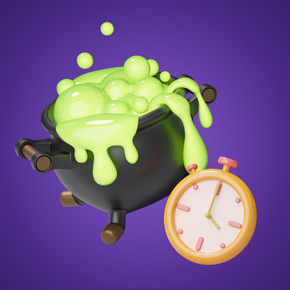 3D Halloween elements. Witch cauldron pot with magical bubbling green potion was overflowing and Stopwatch. Special discounts time, Flash sale concept. Cartoon festival icon. 3d render. Clipping path.