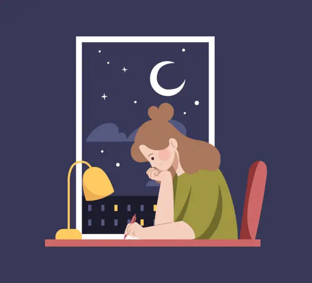 Vector illustration of Girl studying at night. Woman working at home. Lo-fi hip hop girl. Flat vector