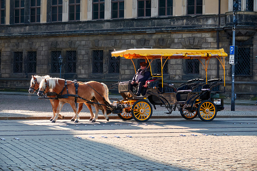 Dresden, Germany - September, 26th - 2023: Horse carriage for tourist sightseeing tours.