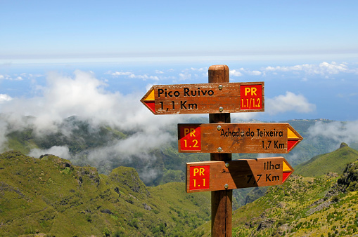 Directional signposts with distances  for hikers high in the mountains of Madeira Island.