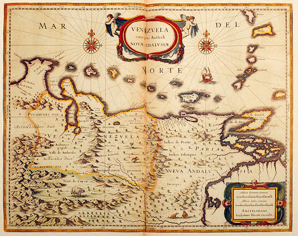 Map of Venezuela 1635 Antique map of Venezuela in South America. Published by the Dutch cartographer Willem Blaeu in Atlas Novus (Amsterdam 1635). Photo by N. Staykov (2007) delta amacuro stock illustrations