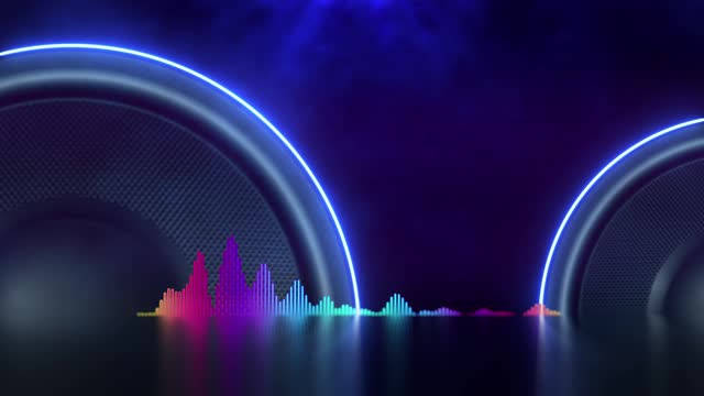 Music speaker animation equalizer light effects and smoke. VJ template copy space blue video loop background.