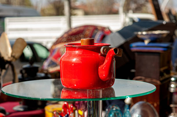 antique red enamel teapot - antique furniture old old fashioned imagens e fotografias de stock