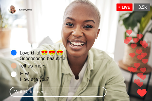 Selfie portrait, black woman and live streaming social media video, online comment or broadcast feedback, notification or communication. Home content creator, app screen face and influencer recording