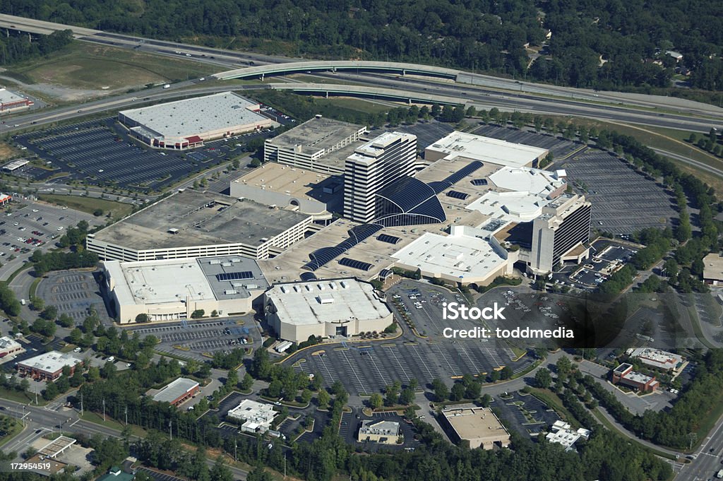 Aerial of a Shopping Mall "The Galleria in Hoover, Alabama. Early on a Sunday morning before the stores open." Aerial View Stock Photo